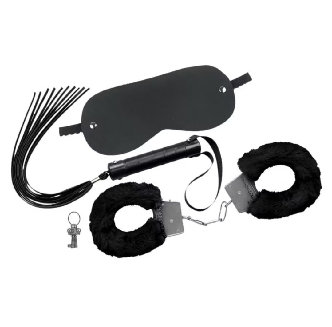 Kit de Acessórios Eróticos com Algemas, Venda e Chicote